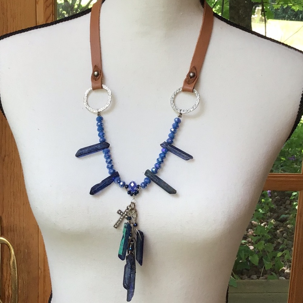 Blue Gems Beads And Leather Necklace